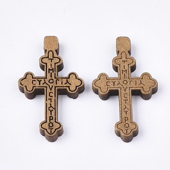 Wooden Pendants, Dyed, Cross with Word, Camel, 32x19x4mm, Hole: 1.5mm