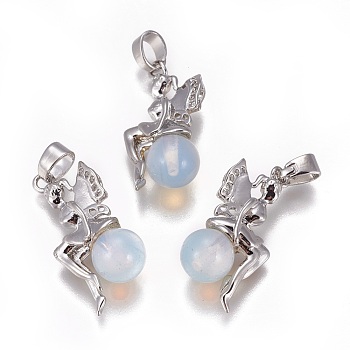 Opalite Pendants, with Platinum Tone Brass Findings, Fairy, 25~26x12~13x8mm, Hole: 3.5x5.5mm