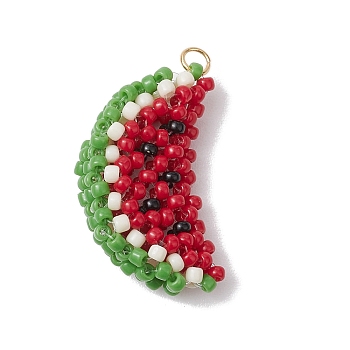 Handmade Glass Seed Beaded Watermelon Pendants, with Jump Ring, Red, 27x16x7.5mm, Hole: 2.5mm