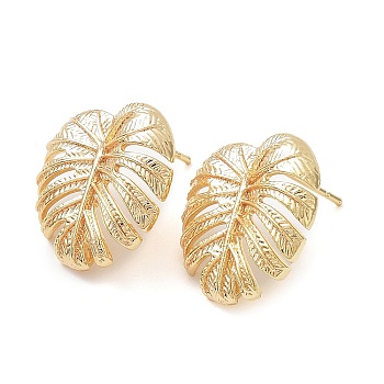 Brass Stud Earring Finding, with Vertical Loop, Tropical Leaf, Real 18K Gold Plated, 18x18mm, Hole: 1.2mm, Pin: 0.7mm