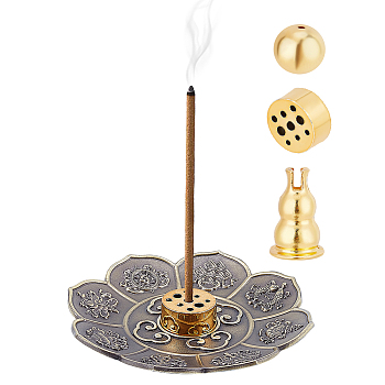 AHADEMAKER Home Decoration Supplies, including Alloy Incense Burners & Plates, Gourd & Round & Lotus, Antique Bronze & Golden, 14~89x7.5~15mm, 4pcs/set