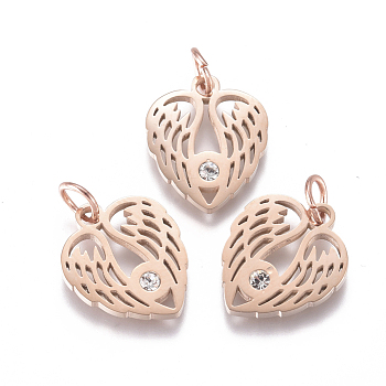 316 Surgical Stainless Steel Pendants, with Micro Pave Cubic Zirconia and Jump Ring, Long-Lasting Plated, Heart Wing, Clear, Real Rose Gold Plated, 14.7x12.3x1.5mm, Hole: 3.5mm
