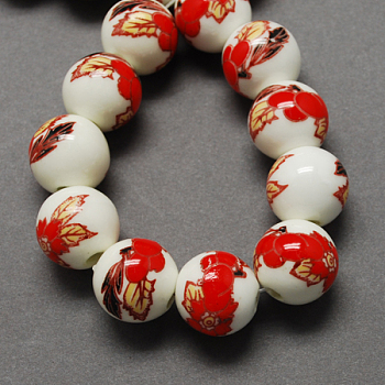 Handmade Printed Porcelain Beads, Round, Red, 8mm, Hole: 2mm