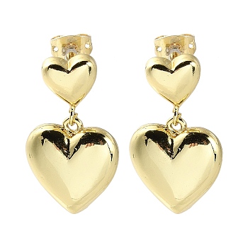 Rack Plating Brass Heart Dangle Stud Earring, Long-Lasting Plated, Lead Free & Cadmium Free, Real 18K Gold Plated, 25.5x15mm