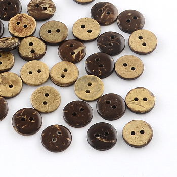 2-Hole Flat Round Coconut Buttons, Coconut Brown, 10x2mm, Hole: 1mm