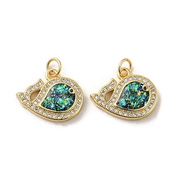 Rack Plating Brass Micro Pave Cubic Zirconia with Synthetic Opal Pendants, with Jump Ring, Lead Free & Cadmium Free, Long-Lasting Plated, Fish, Real 18K Gold Plated, Green, 18x15x3.5mm