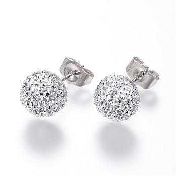 Rhinestone Ball Stud Earrings, with Stainless Steel Pins and Iron Ear Nuts, Crystal, 21mm, pin: 0.8mm