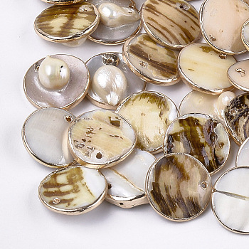 Keshi Shell Pearl Pendants, Flat Round, Seashell Color, 19~20x5~10mm, Hole: 1.2mm