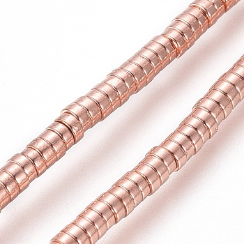 Electroplated Non-magnetic Synthetic Hematite Beads Strands, Heishi Beads, Disc/Flat Round, Rose Gold Plated, 2x1mm, Hole: 0.7mm, about 426pcs/Strand, 16.54 inch(42cm)