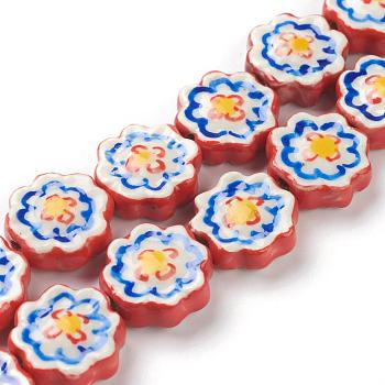 Handmade Porcelain Flower Beads Strands, Red, 16x16x6mm, Hole: 2mm, about 20pcs/strand, 12.99 inch(33cm)