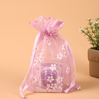 Rectangle Organza Drawstring Bags, Embroidery Flower Pattern, Flamingo, 14x10cm