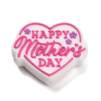 Mother's Day Silicone Beads, Heart with Word Happy Mother's Day, Pink, 25x30x9mm, Hole: 2mm
