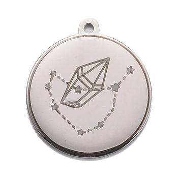 304 Stainless Steel Pendants, Flat Round with Star & Diamond, Stainless Steel Color, 28x25x1.4mm, Hole: 2mm