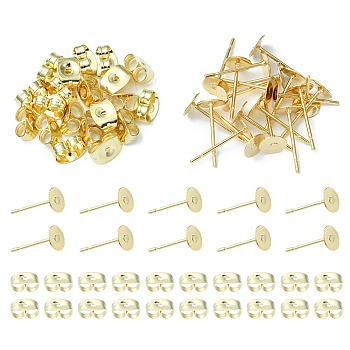 20Pcs 304 Stainless Steel Stud Earring Findings, Flat Round Pad Base Earring Settings, with 20Pcs Friction Ear Nuts, Golden, 5x0.3mm, Pin: 0.7mm