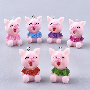 Resin Pendant Rhinestone Settings, with Platinum Tone Iron Findings, Cartoon Piggy with Clothes, Mixed Color, Fit for 2mm Rhinestone, 36x23~24x20mm, Hole: 2mm