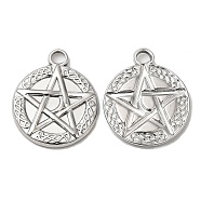 304 Stainless Steel Pendants, Flat Round with Star Charm, Stainless Steel Color, 20x17x2mm, Hole: 3mm(STAS-Z041-19P)
