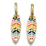 Brass Enamel Huggie Hoop Earrings, Nickel Free, Feather, Real 16K Gold Plated, Colorful, 32x8mm, Pin: 1mm(EJEW-T014-26G-NF)