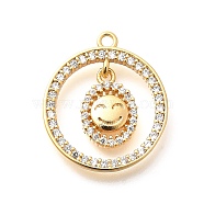 Brass Micro Pave Cubic Zirconia Pendants, Real 18K Gold Plated, Ring Charms, Smiling Face, 21x18x3mm, Hole: 1.5mm(KK-G519-05G-01)