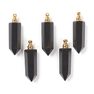 Faceted Natural Black Agate Pendants, Openable Perfume Bottle, with Golden Tone Brass Findings, Bullet, Dyed & Heated, 46~47x13~14x11~12mm, Hole: 4.5mm, capacity: 1ml(0.03 fl. oz)(G-H252-F05)