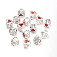 Alloy European Style Beads, Mother's Day Gifts Making, with Enamel, Large Hole Beads, Lead Free and Cadmium Free, Heart, Silver Color Plated, about 9mm long, 8.5mm wide, 9mm thick, hole: 4.5mm(LFD8290Y-2-S)