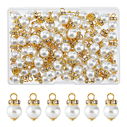 80Pcs Glass Pearl Pendants, with Golden Brass Rhinestone and Iron Loops, Round Charms, White, 18mm, Hole: 3.5mm(PALLOY-FH00016)