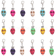 20PCS Skull Synthetic Howlite Pendant Decorations, with Brass Rhinestone Beads and Zinc Alloy Lobster Claw Clasps, Mixed Color, 48mm, Pendant: 28x14x18mm(HJEW-SC0001-41)