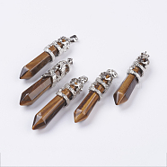 Natural Tiger Eye Big Pointed Pendants, with Alloy Findings, Faceted, Bullet, Platinum, 59~63x11~12mm, Hole: 4x7mm(G-G738-A-17)