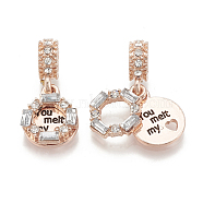 Alloy European Dangle Charms, with Rhinestone, Large Hole Pendants, Flat Round with Word, Rose Gold, Crystal, 25mm, Hole: 4.5mm(MPDL-S066-061)