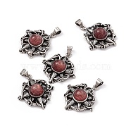 Natural Strawberry Quartz Pendants, Flat Round Charms with Flower, with Antique Silver Color Brass Findings, 26x23.5x7.5mm, Hole: 4x4mm(KK-A173-07AS-03)