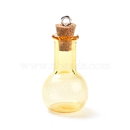 Glass Pendants, with Wood Bottle Stopper and Platinum Alloy Loops, Bulb Shaped, Gold, 34x18mm, Hole: 2mm(GLAA-P053-01A-06)
