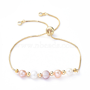 Adjustable Brass Slider Bracelets, Bolo Bracelets, with Natural Pearl Beads, Cubic Zirconia and Brass Beads, Golden, 10-5/8 inch(27cm)(X-BJEW-JB05149)
