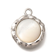 Brass Pave Natural White Shell Pendants, Textured Flat Round Charms, Real Platinum Plated, 17.5x15x4mm, Hole: 1.8mm(KK-B127-10P)