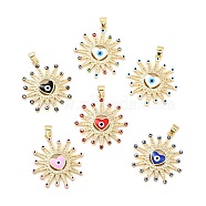 Rack Plating Brass Micro Pave Clear Cubic Zirconia Pendants, with Enamel, Cadmium Free & Lead Free, Sun with Evil Eye & Heart, Real 18K Gold Plated, Mixed Color, 29.5x26.5x3.7mm, Hole: 3.2x3.5mm(KK-G387-14G)