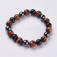 Natural Tiger Eye & Obsidian Beads Stretch Bracelets, with Non-Magnetic Synthetic Hematite Beads, 2-1/8 inch(55mm)(BJEW-JB02874)