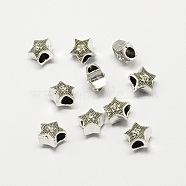 Alloy Rhinestone Star Large Hole European Beads, Antique Silver, Crystal, 10.5x10.5x7mm, Hole: 5mm(MPDL-R036-31F)
