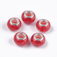 Crackle Resin European Beads, Large Hole Beads, with Silver Color Plated Brass Cores, Rondelle, Red, 13.5~14x8.5~9mm, Hole: 5mm(RPDL-S012-B12)