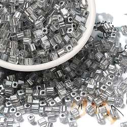 Glass Seed Beads, Transparent Lustered Glass, Square Hole, Square, Gray, 4x4x4mm, Hole: 1.2mm, 5000pcs/pound(SEED-H002-F-1134)