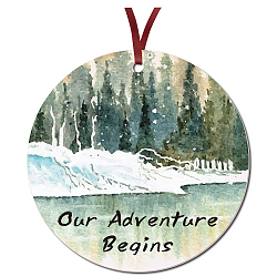 CRASPIRE 1Pc Acrylic Memorial Flat Round Big Pendants Decorations, with 40CM Double Face Satin Ribbon, Christmas Theme, Mountain & Forest, Pendants Decorations: 76mm, Hole: 3mm, Ribbon: about 1/8 inch(3mm) wide(DIY-CP0008-27I)