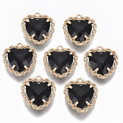 Glass Pendants, with Brass Open Back Settings, Faceted, Heart, Light Gold, Black, 18x16~17x5.5mm, Hole: 1.2mm(GLAA-T021-04A)