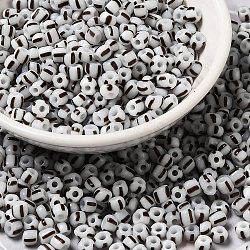 6/0 Opaque Colours Seep Glass Seed Beads, Round Hole, Round with Stripe Pattern, Gray, 3~4.5x3~4.5mm, Hole: 1.2~1.5mm(X-SEED-F003-04A-12)