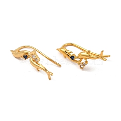 Blue Cubic Zirconia Double Dolphin Dangle Earrings, Rack Plating Brass Jewelry for Women, Cadmium Free & Lead Free, Real 18K Gold Plated, 9x25x2mm, Pin: 1mm(EJEW-P221-24G)