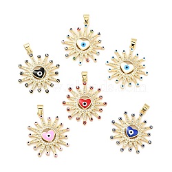 Rack Plating Brass Micro Pave Clear Cubic Zirconia Pendants, with Enamel, Cadmium Free & Lead Free, Sun with Evil Eye & Heart, Real 18K Gold Plated, Mixed Color, 29.5x26.5x3.7mm, Hole: 3.2x3.5mm(KK-G387-14G)