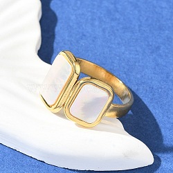 Rectangle 304 Stainless Steel White Shell Cuff Rings for Women, Ion Plating(IP), Real 18K Gold Plated, US Size 7 1/4(17.5mm)(RJEW-G346-04G-02)