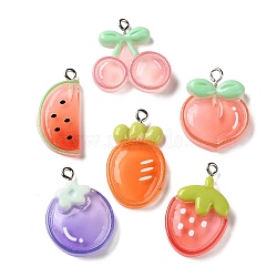 Opaque Resin Pendants, Fruit Charm, with Platinum Iron Loop, Mixed Color, 23~31x13~24.5x4~5.5mm, Hole: 2mm(RE-A001-02)