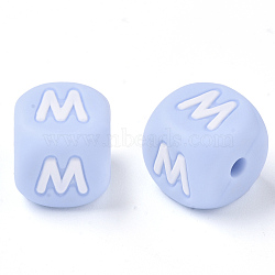 Food Grade Eco-Friendly Silicone Beads, Horizontal Hole, Chewing Beads For Teethers, DIY Nursing Necklaces Making, Letter Style, Cube, Light Sky Blue, Letter.M, 10x10x10mm, Hole: 2mm(SIL-R011-10mm-02M)