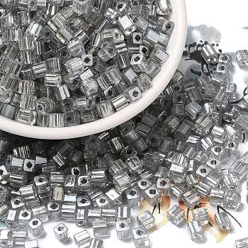 Glass Seed Beads, Transparent Lustered Glass, Square Hole, Square, Gray, 4x4x4mm, Hole: 1.2mm, 5000pcs/pound