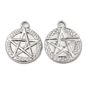 304 Stainless Steel Pendants, Flat Round with Star Charm, Stainless Steel Color, 20x17x2mm, Hole: 3mm
