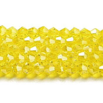 Transparent Electroplate Glass Beads Strands, Pearl Luster Plated, Faceted, Bicone, Yellow, 2.9~3.3x2.5mm, Hole: 0.7mm, about 145~150pcs/strand, 16.34~16.54 inch(41.5~42cm)