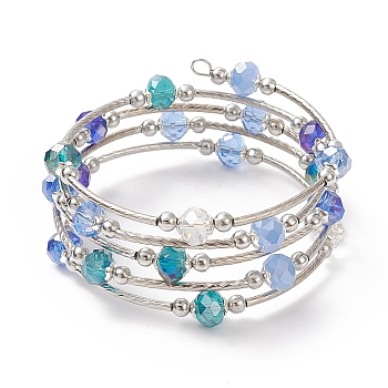 Glass Beads Five Loops Wrap Bracelets, Brass Bead Bracelet for Women, Cornflower Blue, Inner Diameter: 2 inch(5cm)