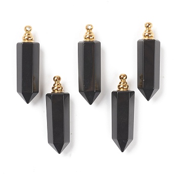 Faceted Natural Black Agate Pendants, Openable Perfume Bottle, with Golden Tone Brass Findings, Bullet, Dyed & Heated, 46~47x13~14x11~12mm, Hole: 4.5mm, capacity: 1ml(0.03 fl. oz)